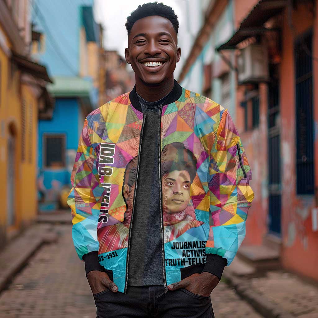 Ida B. Wells Sleeve Zip Bomber Jacket with Colorful Patchwork Pattern Design Confident Portrait Civil Rights and Journalism Tribute - African Pride