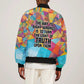 Ida B. Wells Sleeve Zip Bomber Jacket with Colorful Patchwork Pattern Design Confident Portrait Civil Rights and Journalism Tribute - African Pride