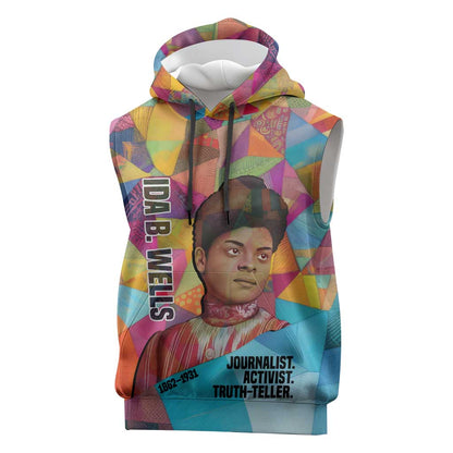 Ida B. Wells Sleeveless Hoodie with Colorful Patchwork Pattern Design Confident Portrait Civil Rights and Journalism Tribute - African Pride