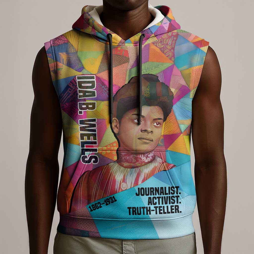 Ida B. Wells Sleeveless Hoodie with Colorful Patchwork Pattern Design Confident Portrait Civil Rights and Journalism Tribute - African Pride