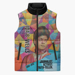 Ida B. Wells Sleeveless Puffer Jacket with Colorful Patchwork Pattern Design Confident Portrait Civil Rights and Journalism Tribute - African Pride