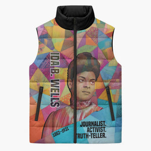 Ida B. Wells Sleeveless Puffer Jacket with Colorful Patchwork Pattern Design Confident Portrait Civil Rights and Journalism Tribute - African Pride