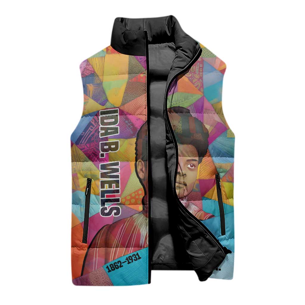 Ida B. Wells Sleeveless Puffer Jacket with Colorful Patchwork Pattern Design Confident Portrait Civil Rights and Journalism Tribute - African Pride