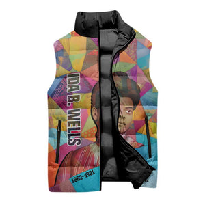 Ida B. Wells Sleeveless Puffer Jacket with Colorful Patchwork Pattern Design Confident Portrait Civil Rights and Journalism Tribute - African Pride