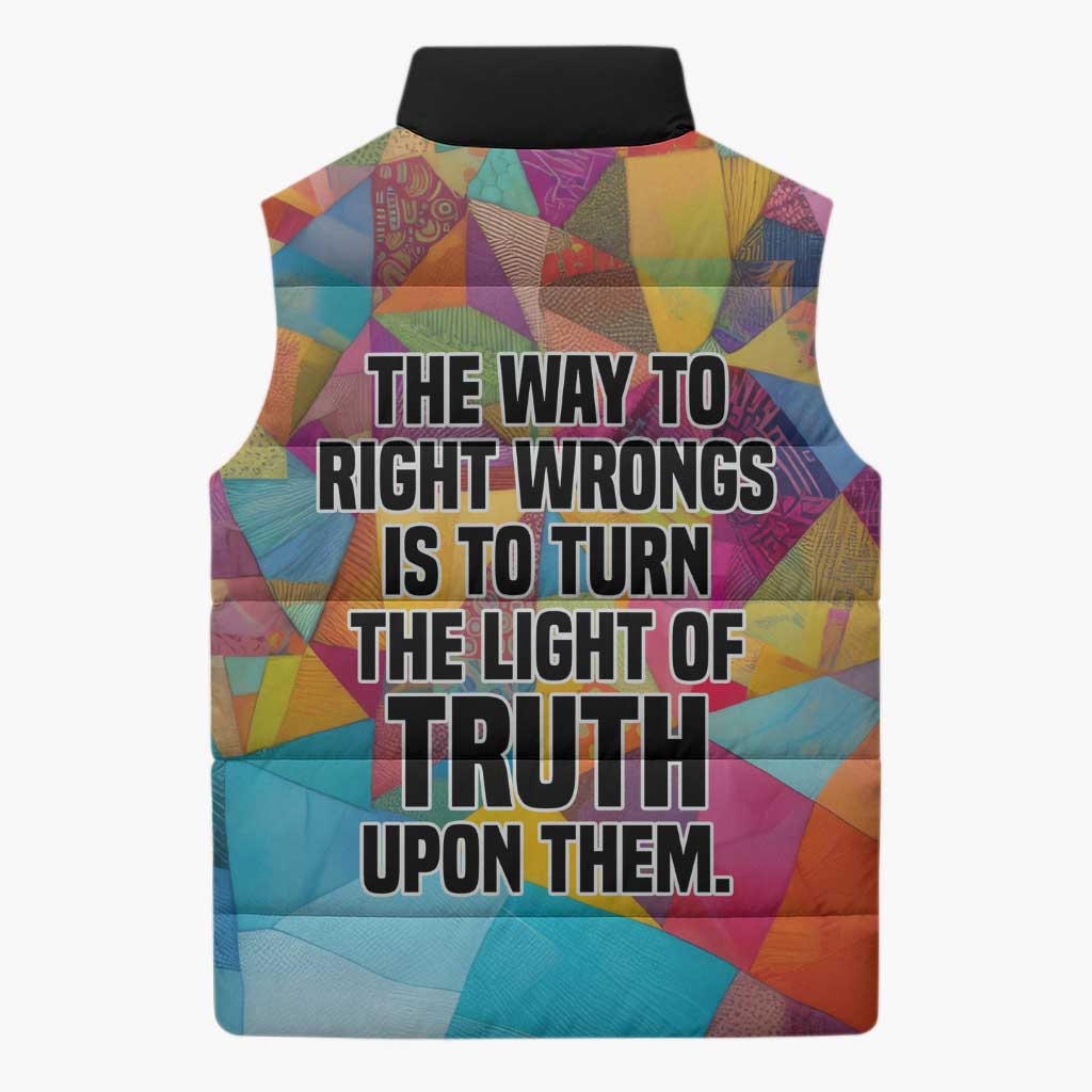 Ida B. Wells Sleeveless Puffer Jacket with Colorful Patchwork Pattern Design Confident Portrait Civil Rights and Journalism Tribute - African Pride