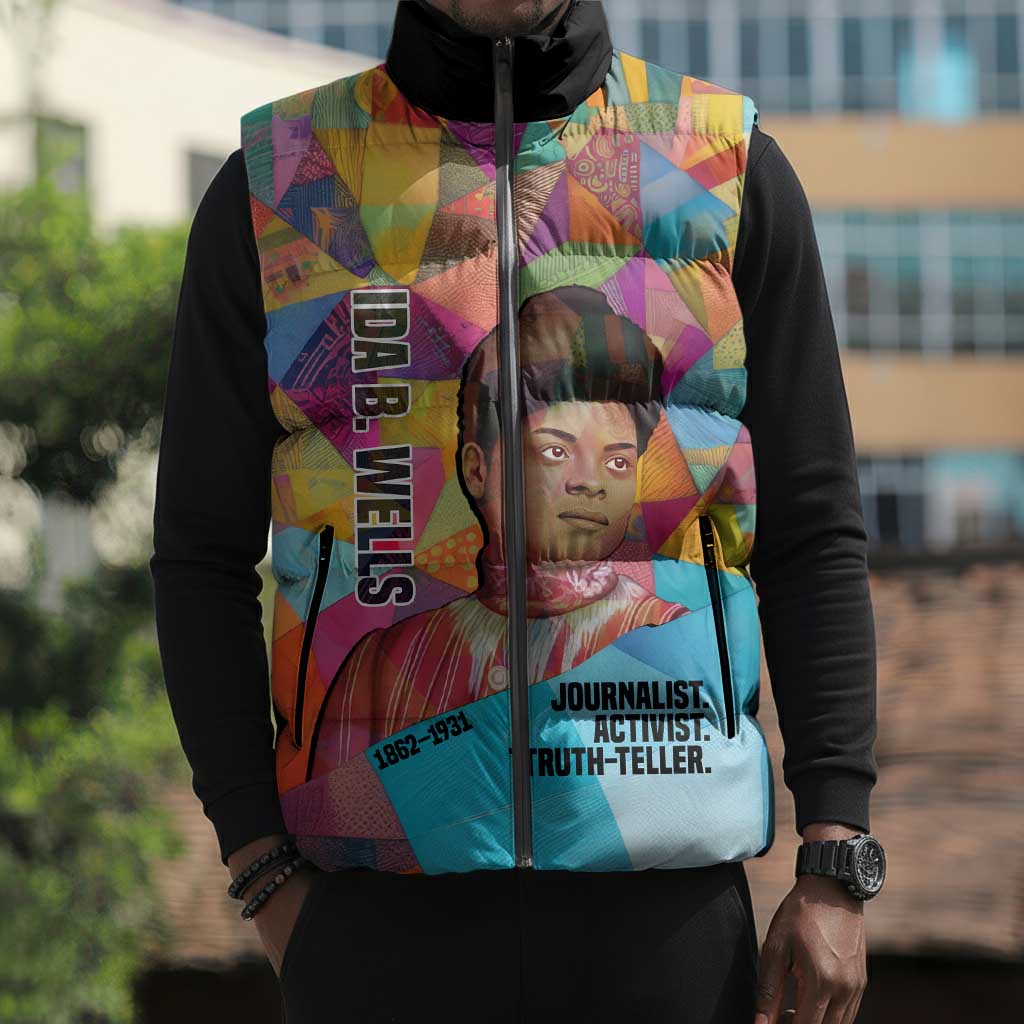 Ida B. Wells Sleeveless Puffer Jacket with Colorful Patchwork Pattern Design Confident Portrait Civil Rights and Journalism Tribute - African Pride