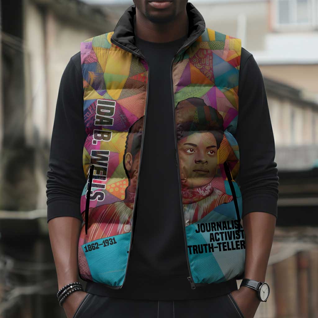 Ida B. Wells Sleeveless Puffer Jacket with Colorful Patchwork Pattern Design Confident Portrait Civil Rights and Journalism Tribute - African Pride