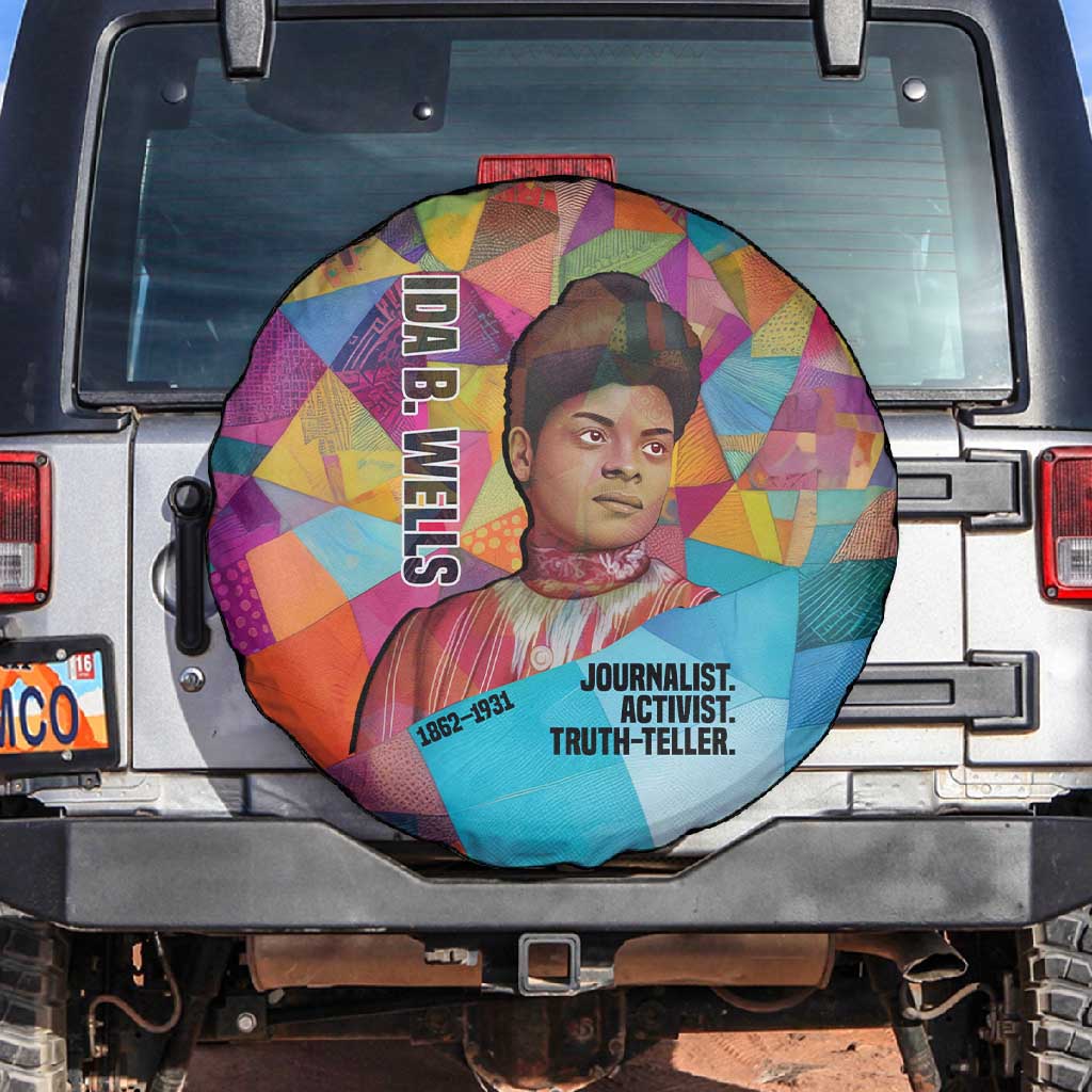 Ida B. Wells Spare Tire Cover with Colorful Patchwork Pattern Design Confident Portrait Civil Rights and Journalism Tribute - African Pride
