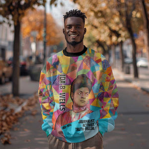 Ida B. Wells Sweatshirt with Colorful Patchwork Pattern Design Confident Portrait Civil Rights and Journalism Tribute - African Pride