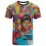 Ida B. Wells T shirt with Colorful Patchwork Pattern Design Confident Portrait Civil Rights and Journalism Tribute - African Pride