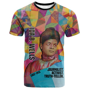 Ida B. Wells T shirt with Colorful Patchwork Pattern Design Confident Portrait Civil Rights and Journalism Tribute - African Pride