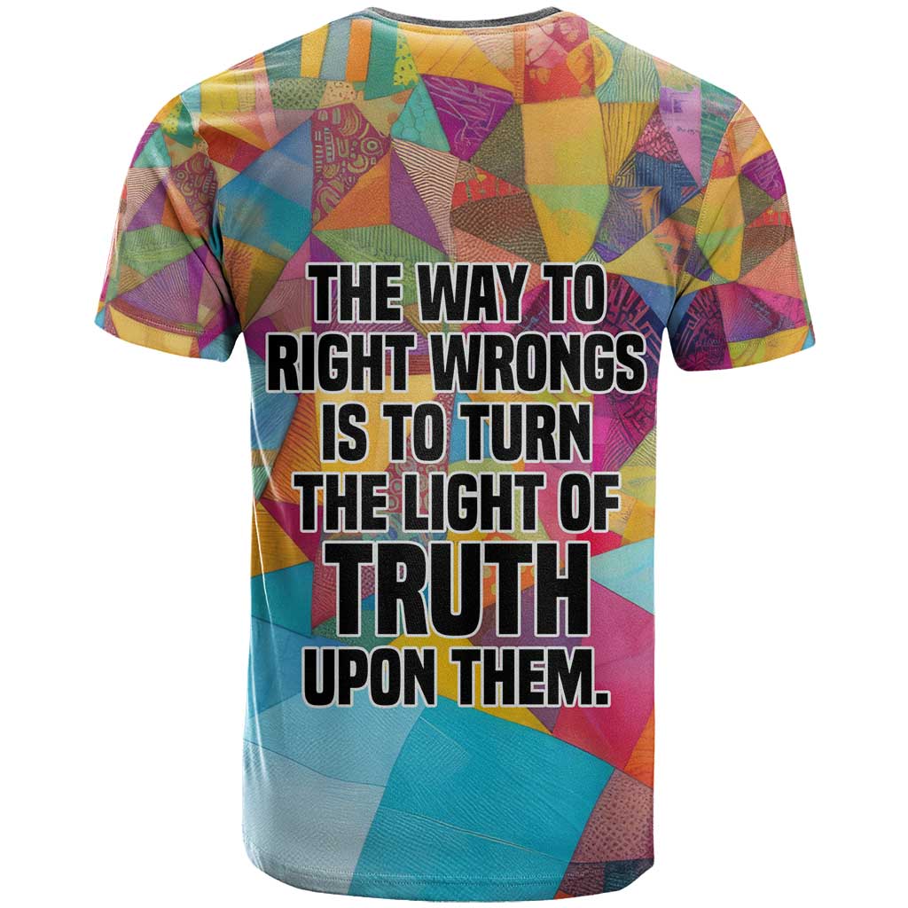 Ida B. Wells T shirt with Colorful Patchwork Pattern Design Confident Portrait Civil Rights and Journalism Tribute - African Pride