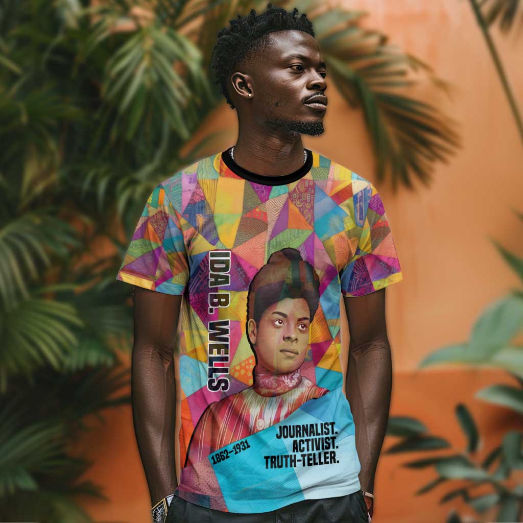 Ida B. Wells T shirt with Colorful Patchwork Pattern Design Confident Portrait Civil Rights and Journalism Tribute - African Pride