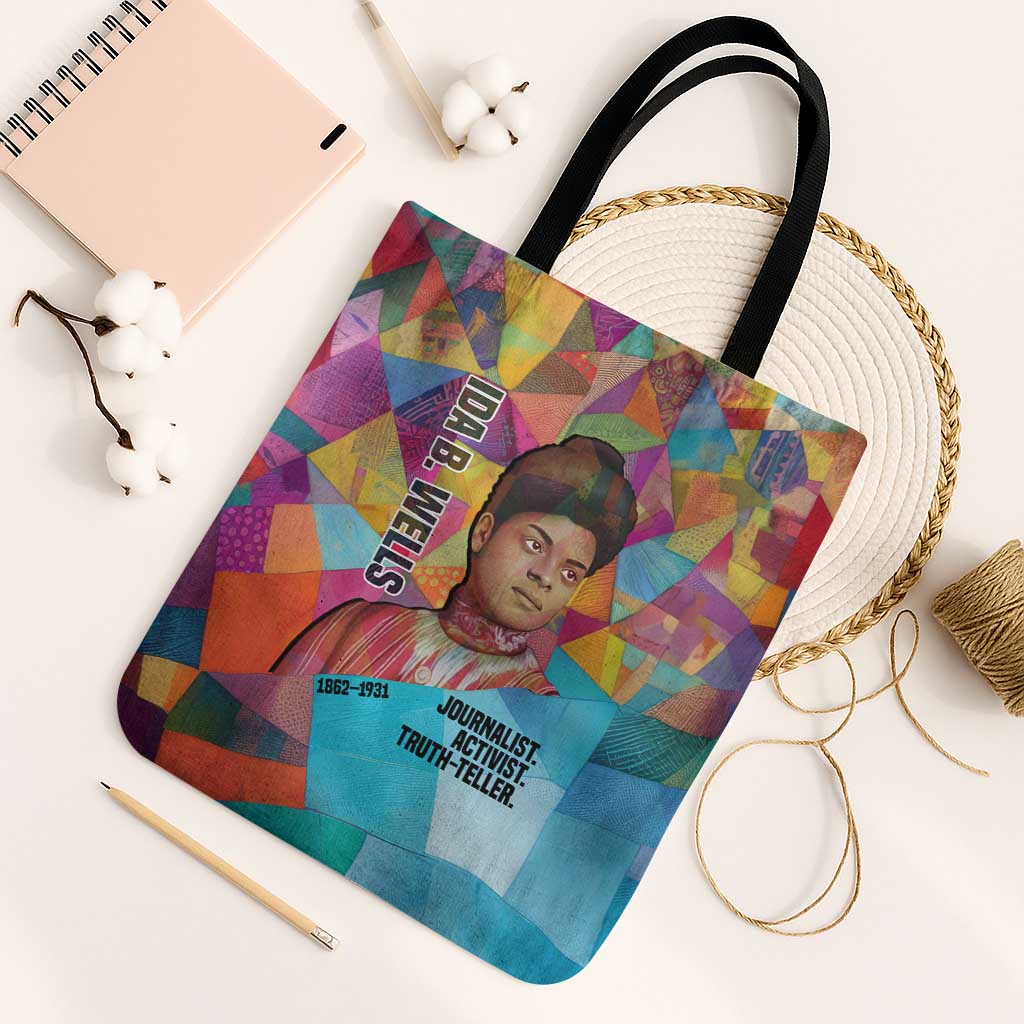 Ida B. Wells Tote Bag with Colorful Patchwork Pattern Design Confident Portrait Civil Rights and Journalism Tribute - African Pride