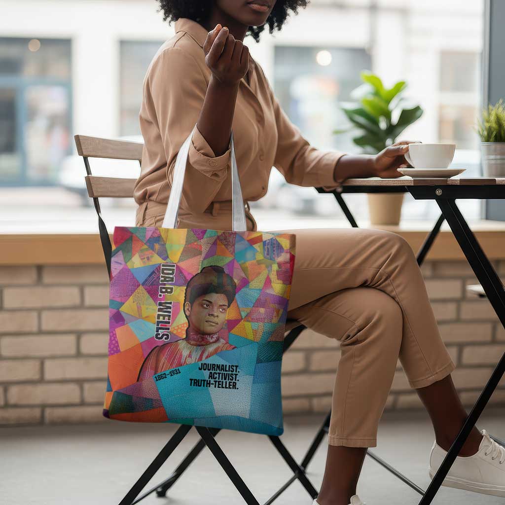 Ida B. Wells Tote Bag with Colorful Patchwork Pattern Design Confident Portrait Civil Rights and Journalism Tribute - African Pride