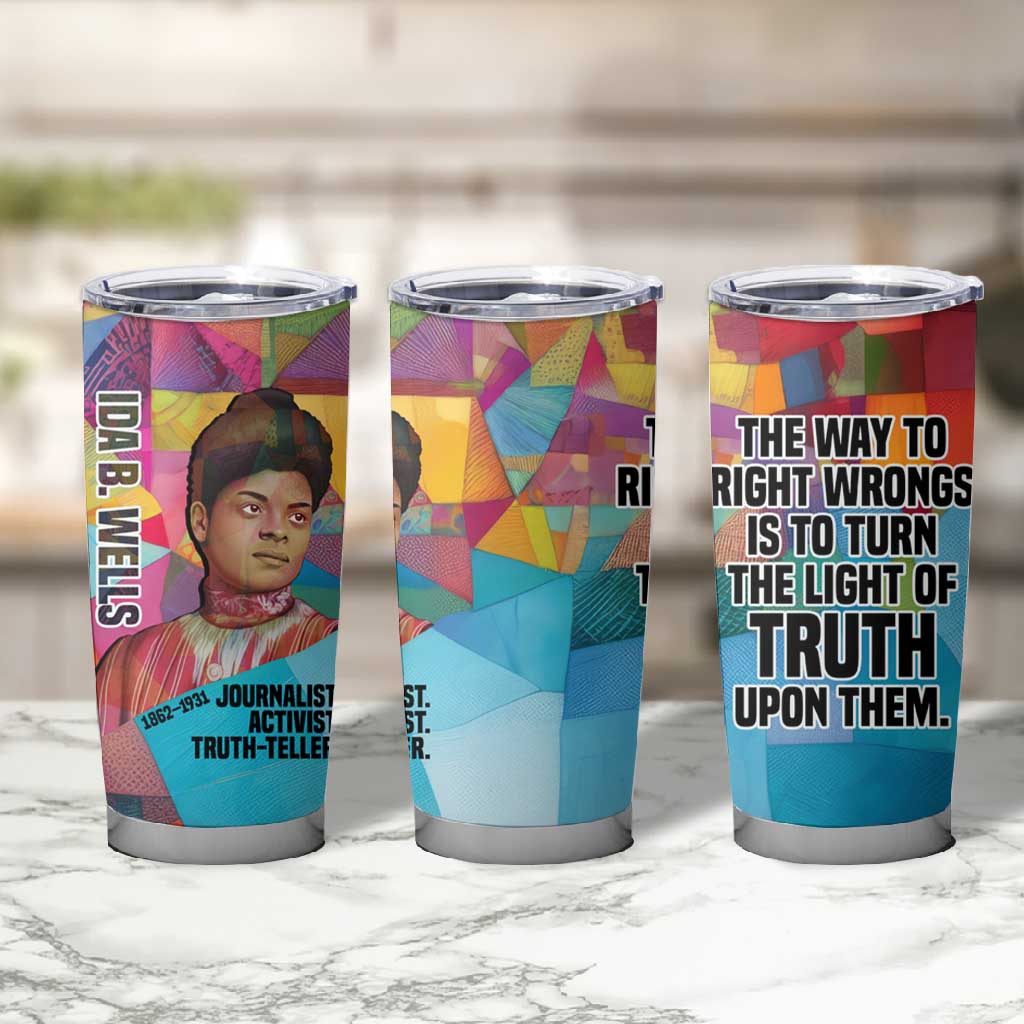 Ida B. Wells Tumbler Cup with Colorful Patchwork Pattern Design Confident Portrait Civil Rights and Journalism Tribute - African Pride