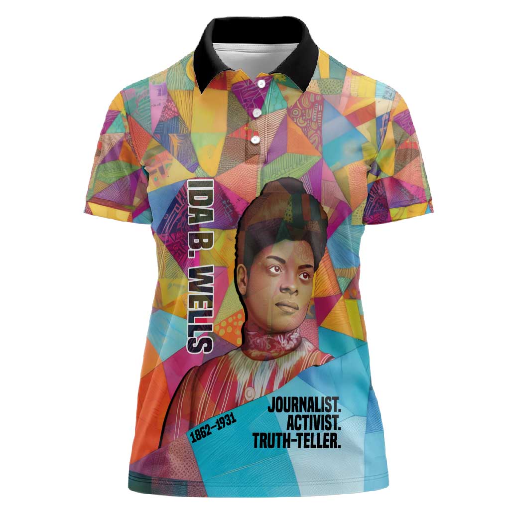 Ida B. Wells Women Polo Shirt with Colorful Patchwork Pattern Design Confident Portrait Civil Rights and Journalism Tribute - African Pride