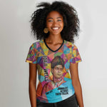 Ida B. Wells Women V-Neck T-Shirt with Colorful Patchwork Pattern Design Confident Portrait Civil Rights and Journalism Tribute - African Pride