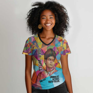 Ida B. Wells Women V-Neck T-Shirt with Colorful Patchwork Pattern Design Confident Portrait Civil Rights and Journalism Tribute - African Pride