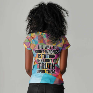 Ida B. Wells Women V-Neck T-Shirt with Colorful Patchwork Pattern Design Confident Portrait Civil Rights and Journalism Tribute - African Pride