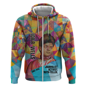 Ida B. Wells Zip Hoodie with Colorful Patchwork Pattern Design Confident Portrait Civil Rights and Journalism Tribute - African Pride