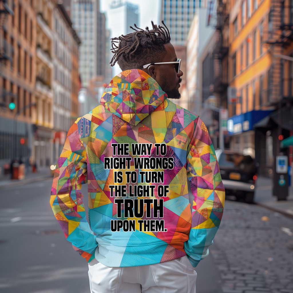 Ida B. Wells Zip Hoodie with Colorful Patchwork Pattern Design Confident Portrait Civil Rights and Journalism Tribute - African Pride