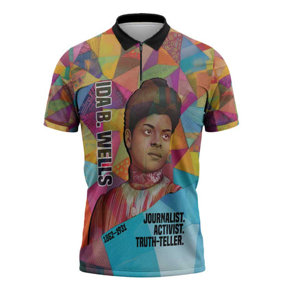 Ida B. Wells Zipper Polo Shirt with Colorful Patchwork Pattern Design Confident Portrait Civil Rights and Journalism Tribute - African Pride