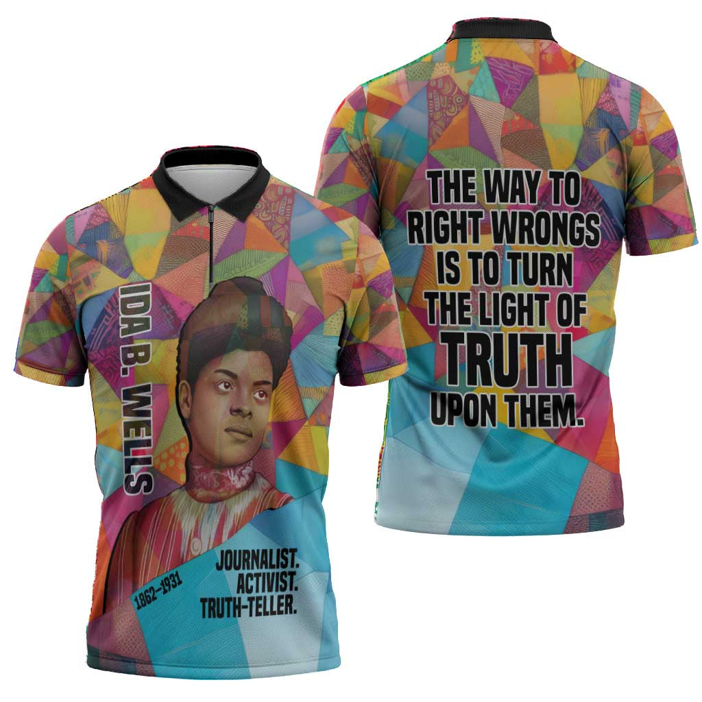 Ida B. Wells Zipper Polo Shirt with Colorful Patchwork Pattern Design Confident Portrait Civil Rights and Journalism Tribute - African Pride