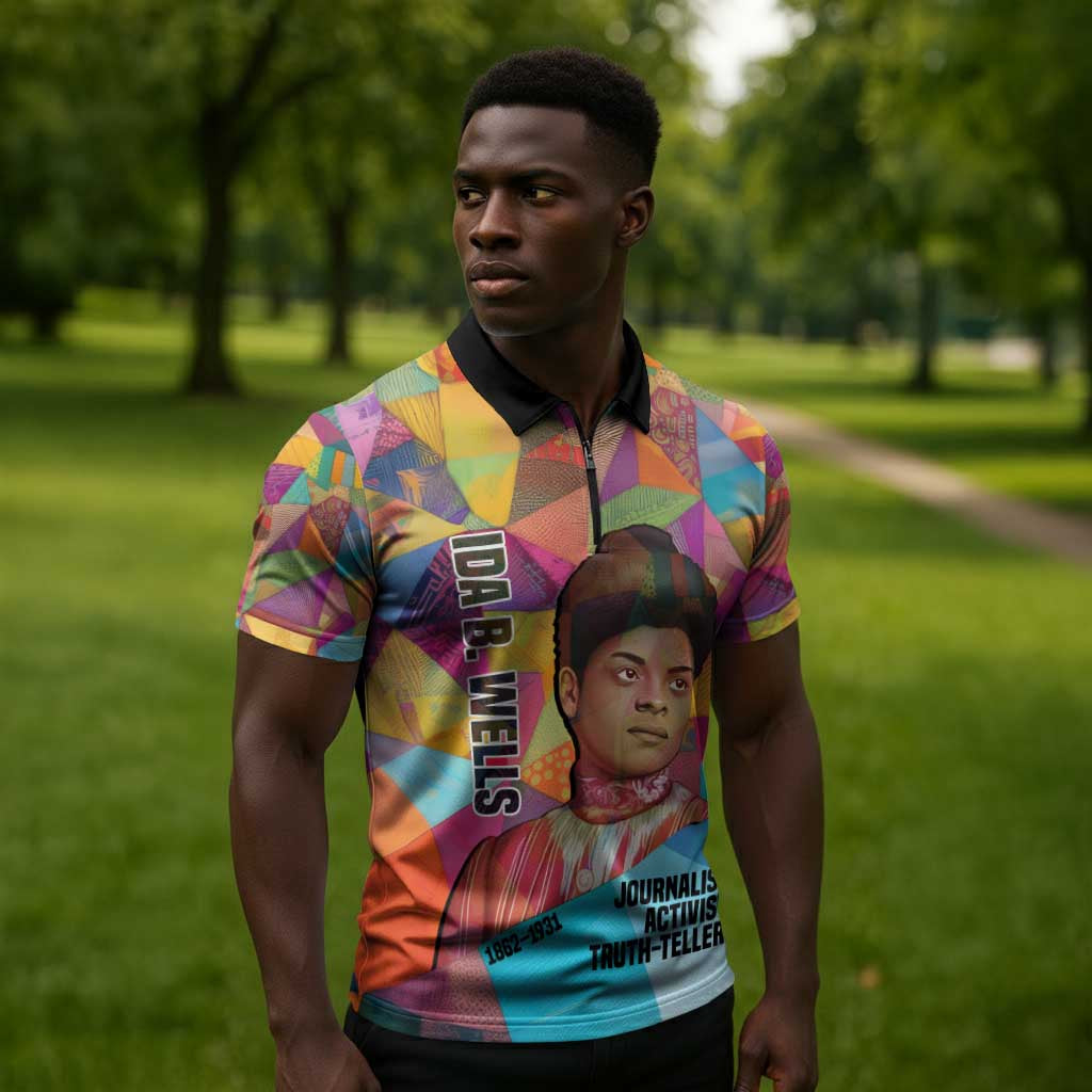 Ida B. Wells Zipper Polo Shirt with Colorful Patchwork Pattern Design Confident Portrait Civil Rights and Journalism Tribute - African Pride