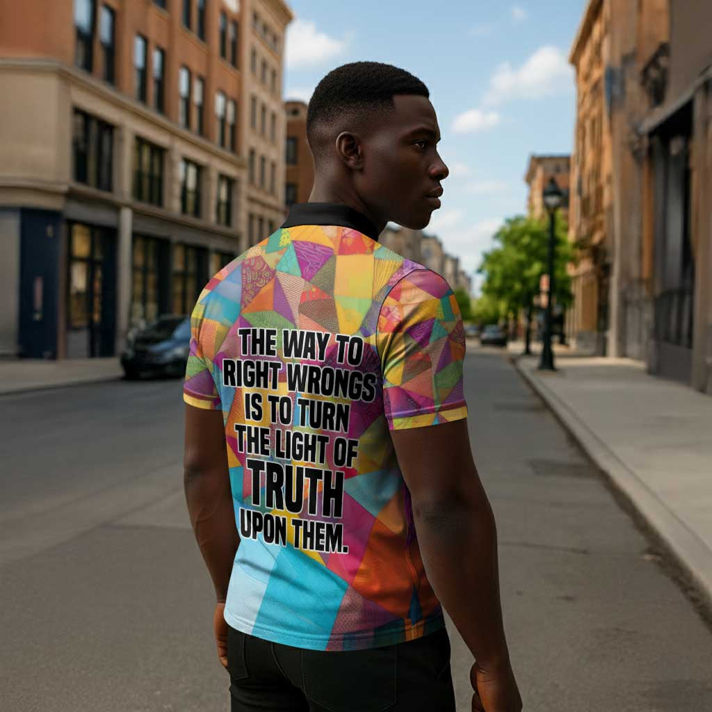 Ida B. Wells Zipper Polo Shirt with Colorful Patchwork Pattern Design Confident Portrait Civil Rights and Journalism Tribute - African Pride