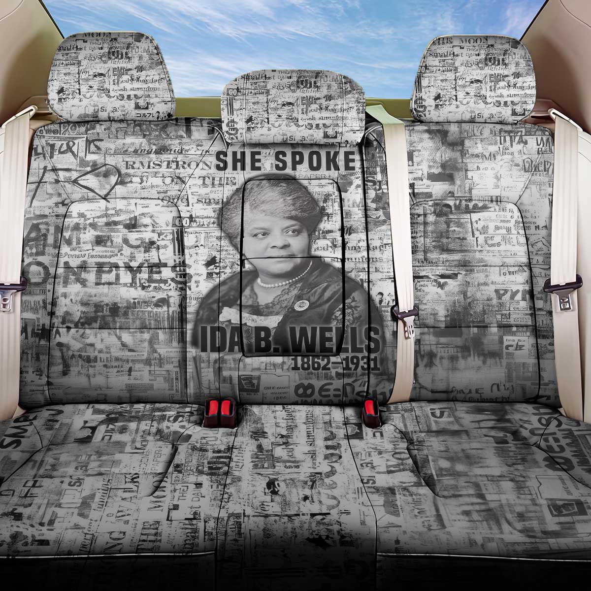 Ida B. Wells Back Car Seat Cover with Newspaper Collage Design Powerful Portrait Civil Rights and Free Press Tribute - African Pride
