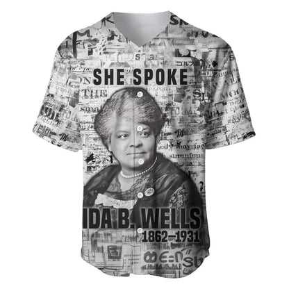 Ida B. Wells Baseball Jersey with Newspaper Collage Design Powerful Portrait Civil Rights and Free Press Tribute - African Pride