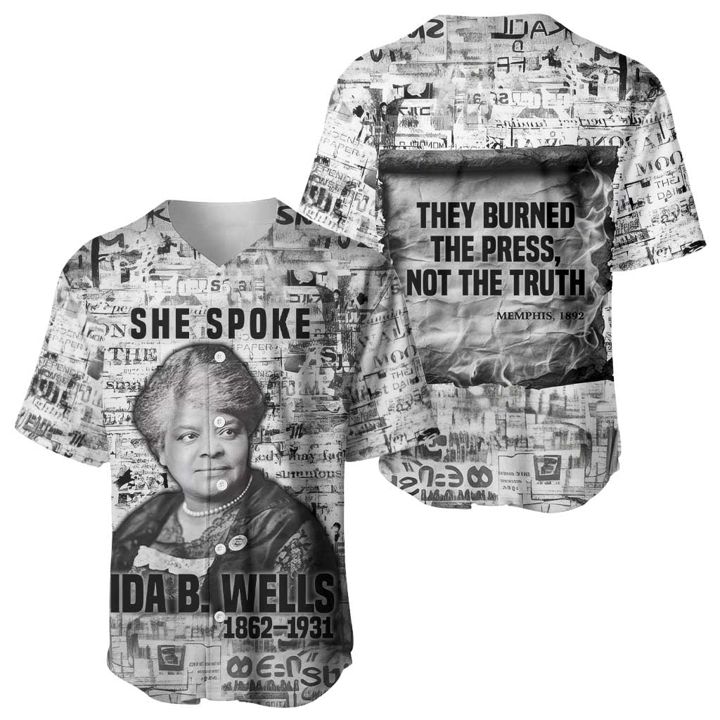 Ida B. Wells Baseball Jersey with Newspaper Collage Design Powerful Portrait Civil Rights and Free Press Tribute - African Pride