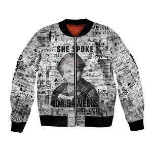 Ida B. Wells Bomber Jacket with Newspaper Collage Design Powerful Portrait Civil Rights and Free Press Tribute - African Pride