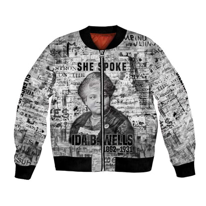 Ida B. Wells Bomber Jacket with Newspaper Collage Design Powerful Portrait Civil Rights and Free Press Tribute - African Pride