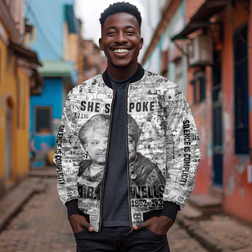 Ida B. Wells Bomber Jacket with Newspaper Collage Design Powerful Portrait Civil Rights and Free Press Tribute - African Pride