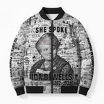 Ida B. Wells Bomber Puffer Jacket with Newspaper Collage Design Powerful Portrait Civil Rights and Free Press Tribute - African Pride