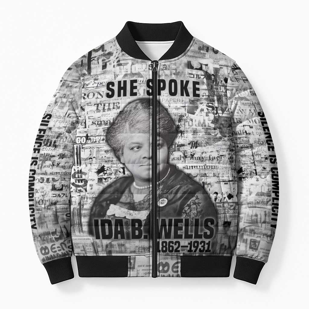 Ida B. Wells Bomber Puffer Jacket with Newspaper Collage Design Powerful Portrait Civil Rights and Free Press Tribute - African Pride