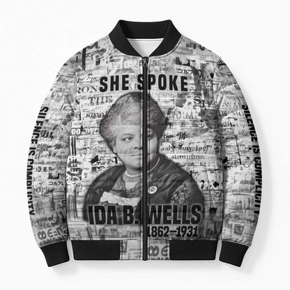 Ida B. Wells Bomber Puffer Jacket with Newspaper Collage Design Powerful Portrait Civil Rights and Free Press Tribute - African Pride