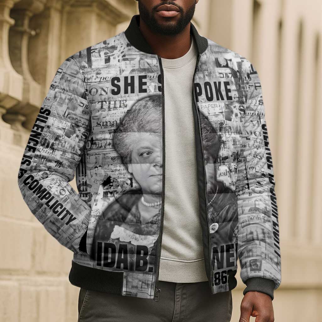 Ida B. Wells Bomber Puffer Jacket with Newspaper Collage Design Powerful Portrait Civil Rights and Free Press Tribute - African Pride