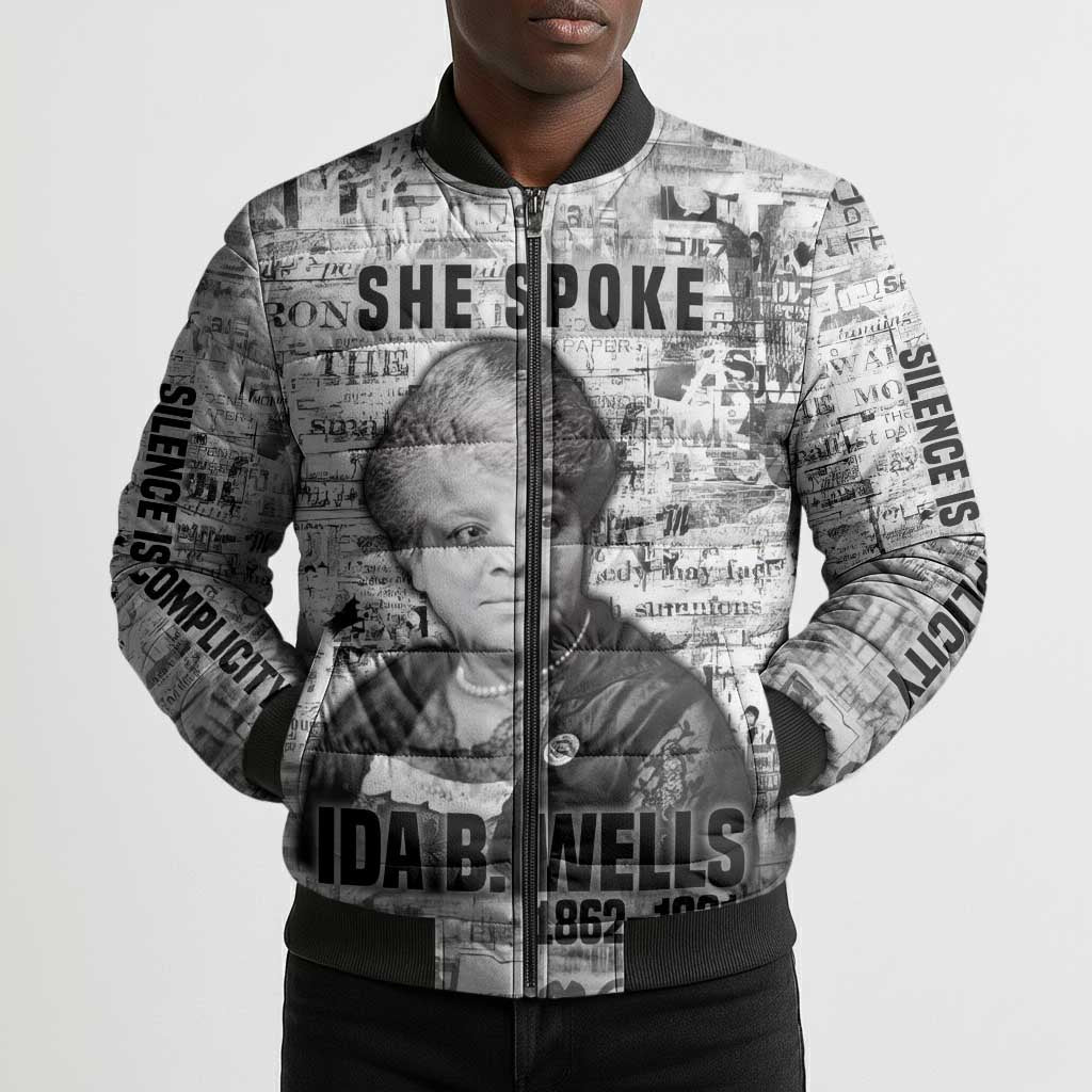 Ida B. Wells Bomber Puffer Jacket with Newspaper Collage Design Powerful Portrait Civil Rights and Free Press Tribute - African Pride
