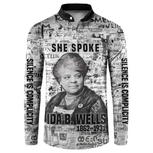 Ida B. Wells Button Sweatshirt with Newspaper Collage Design Powerful Portrait Civil Rights and Free Press Tribute