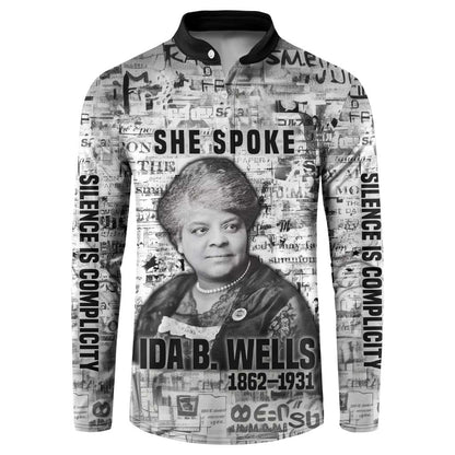 Ida B. Wells Button Sweatshirt with Newspaper Collage Design Powerful Portrait Civil Rights and Free Press Tribute