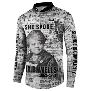 Ida B. Wells Button Sweatshirt with Newspaper Collage Design Powerful Portrait Civil Rights and Free Press Tribute