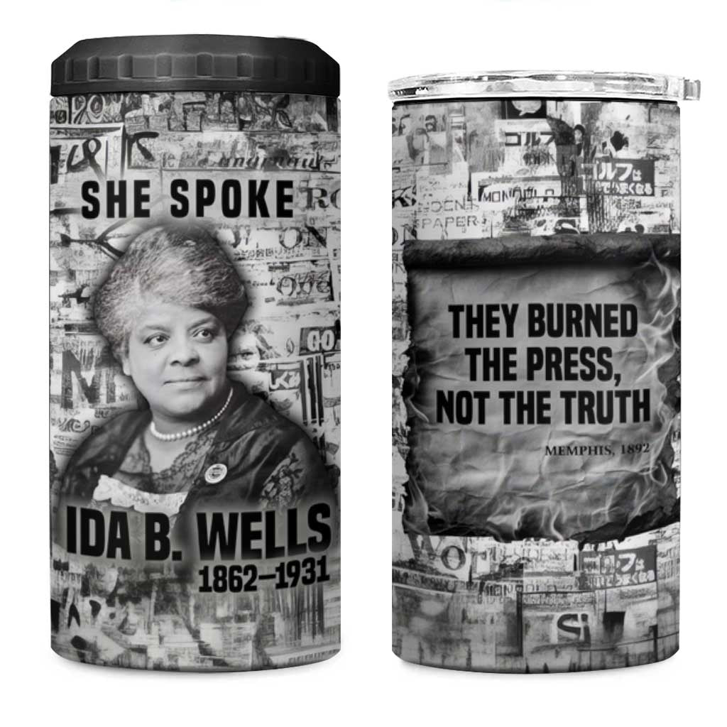 Ida B. Wells 4 in 1 Can Cooler Tumbler with Newspaper Collage Design Powerful Portrait Civil Rights and Free Press Tribute - African Pride