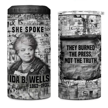 Ida B. Wells 4 in 1 Can Cooler Tumbler with Newspaper Collage Design Powerful Portrait Civil Rights and Free Press Tribute - African Pride