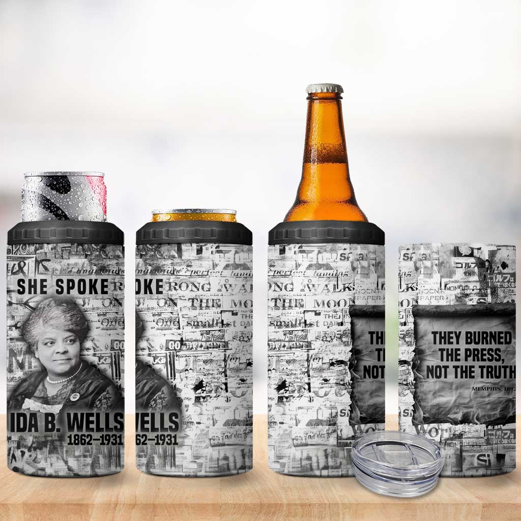 Ida B. Wells 4 in 1 Can Cooler Tumbler with Newspaper Collage Design Powerful Portrait Civil Rights and Free Press Tribute - African Pride
