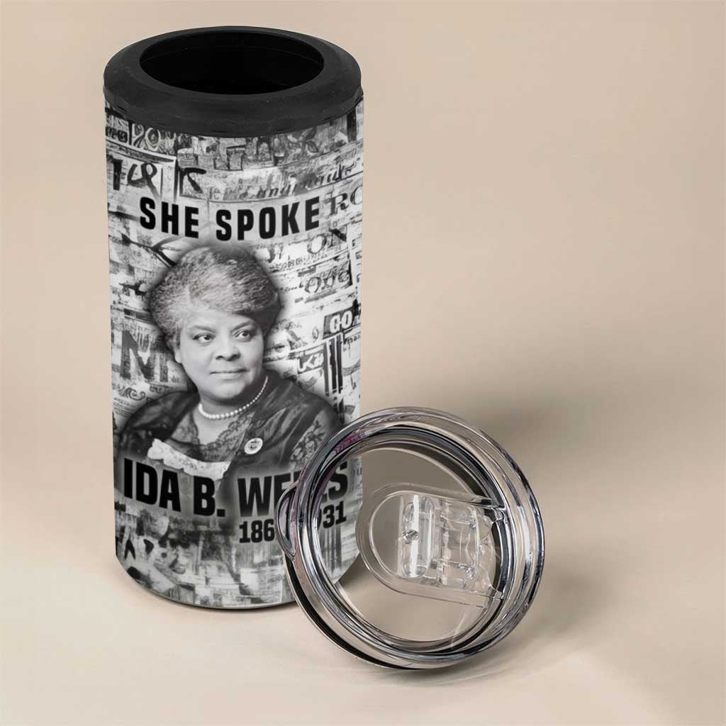 Ida B. Wells 4 in 1 Can Cooler Tumbler with Newspaper Collage Design Powerful Portrait Civil Rights and Free Press Tribute - African Pride