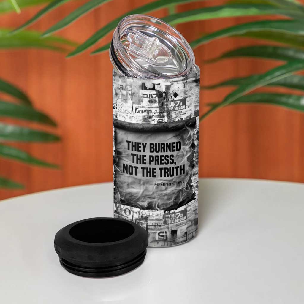 Ida B. Wells 4 in 1 Can Cooler Tumbler with Newspaper Collage Design Powerful Portrait Civil Rights and Free Press Tribute - African Pride