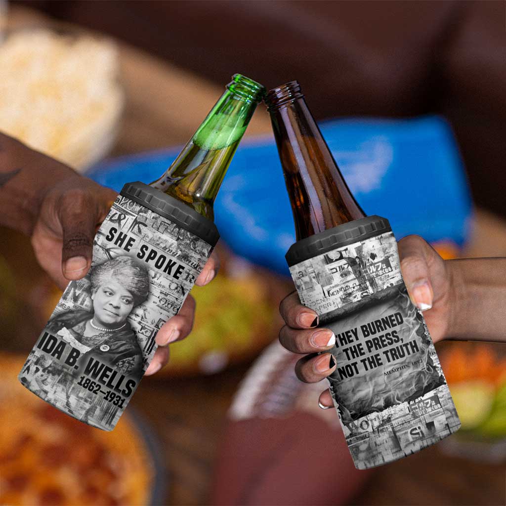 Ida B. Wells 4 in 1 Can Cooler Tumbler with Newspaper Collage Design Powerful Portrait Civil Rights and Free Press Tribute - African Pride